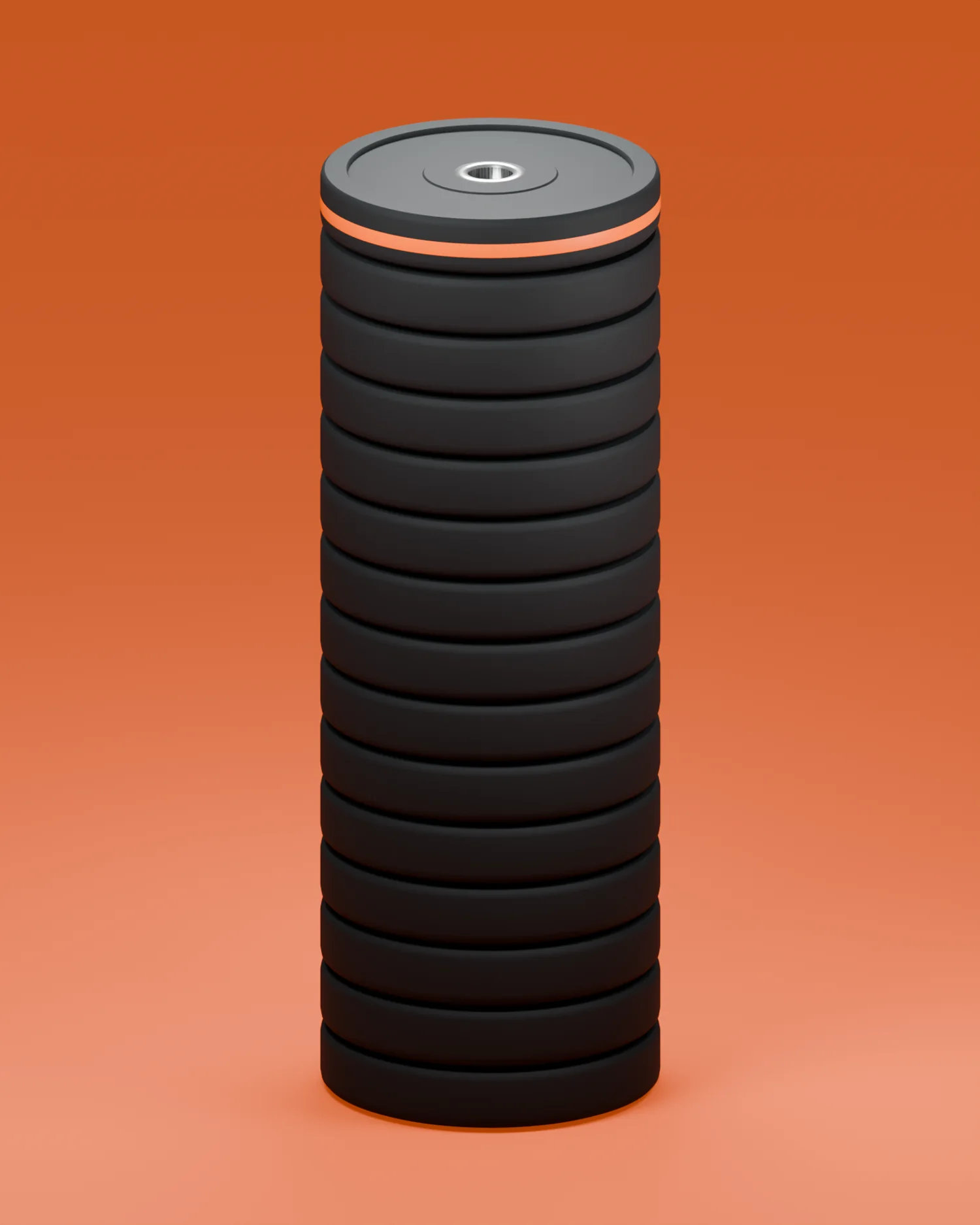 A render of a tall stack of matte black weight plates, the top one banded in orange, on a burnt orange ground
