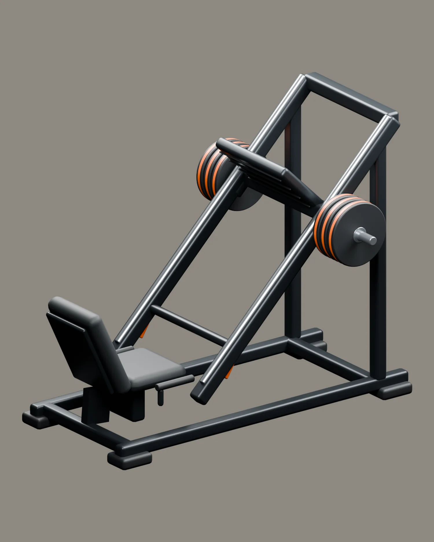 A render of a plate-loaded leg press, its carriage on inclined rails, on a warm grey ground